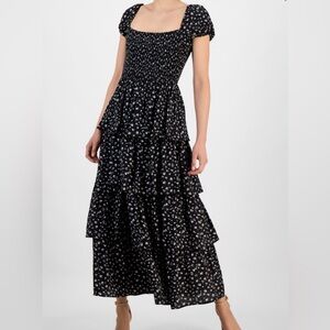 Smocked Tiered Maxi Dress in Black Floral